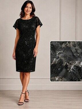 NWT Black Sequin Embellished Flutter Sleeve Midi Cocktail Dress Sz 10